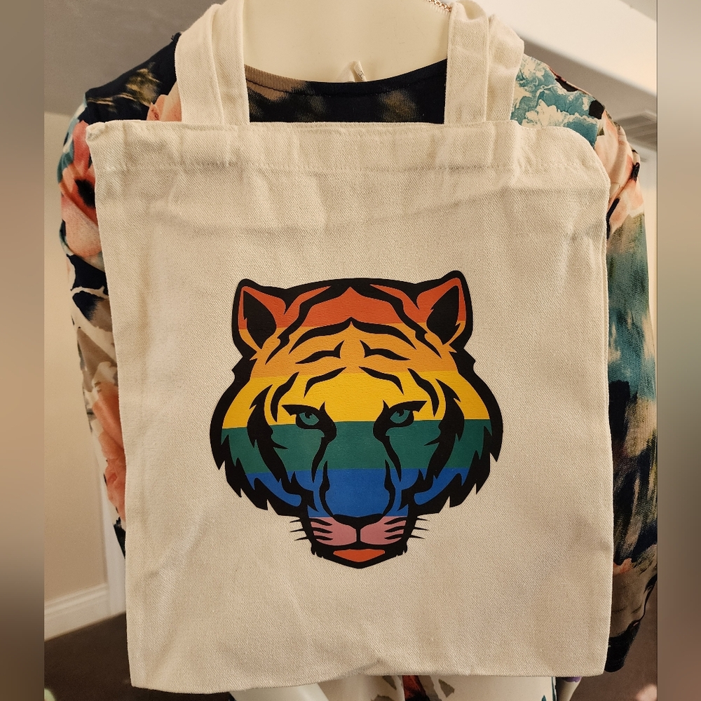 Rainbow Tiger Canvas Tote Bag 13×14 inspirational fun reusable shopping unisex